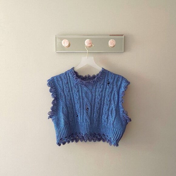 NWT Zara blue cable knit cropped metallic vest sleeveless sweater, S - Picture 9 of 12